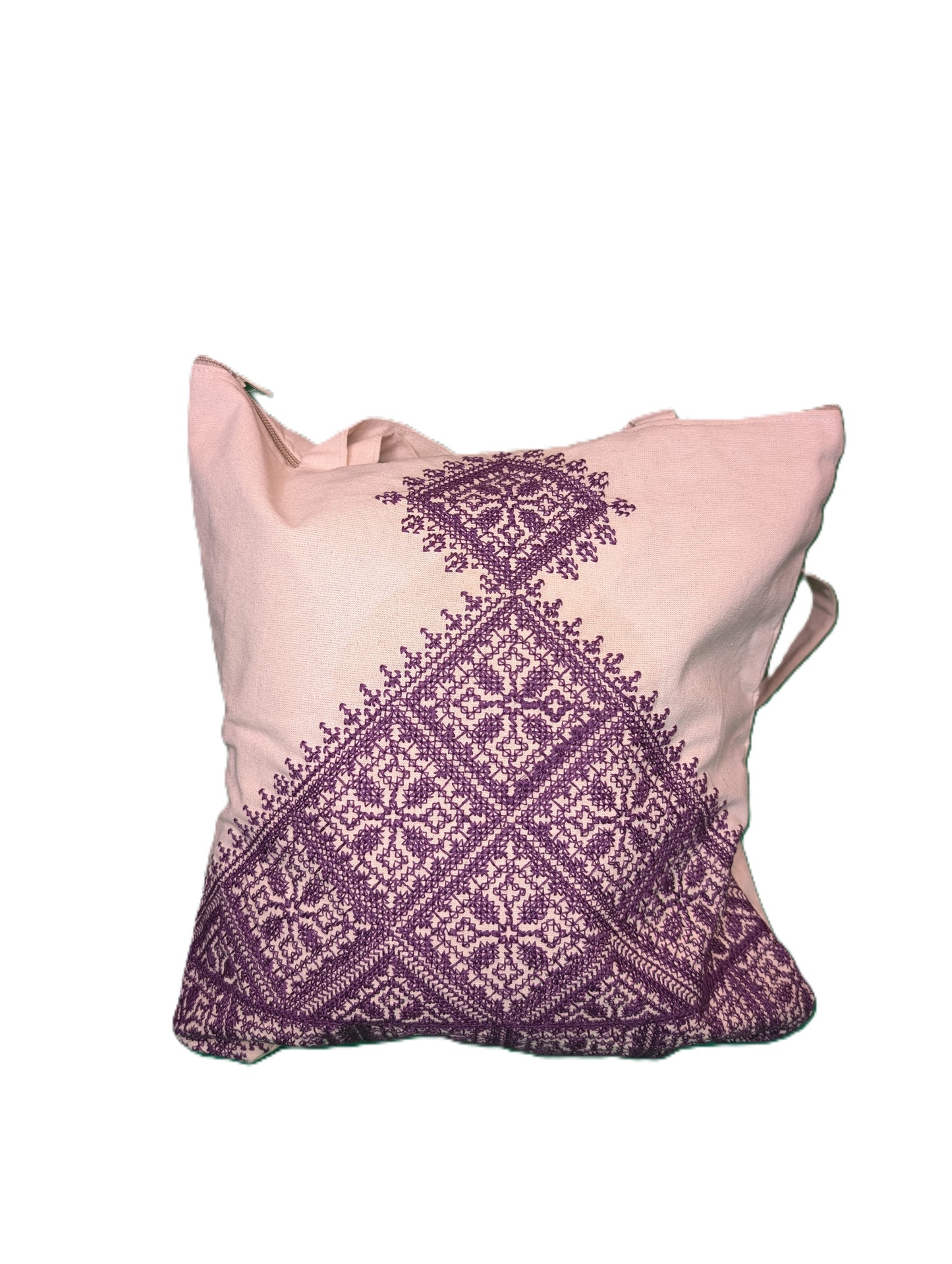 Bag Fassi Purple embroidery pyramid shape Beige background / Sac Fassi Broderie mauve forme pyramide Fond beige