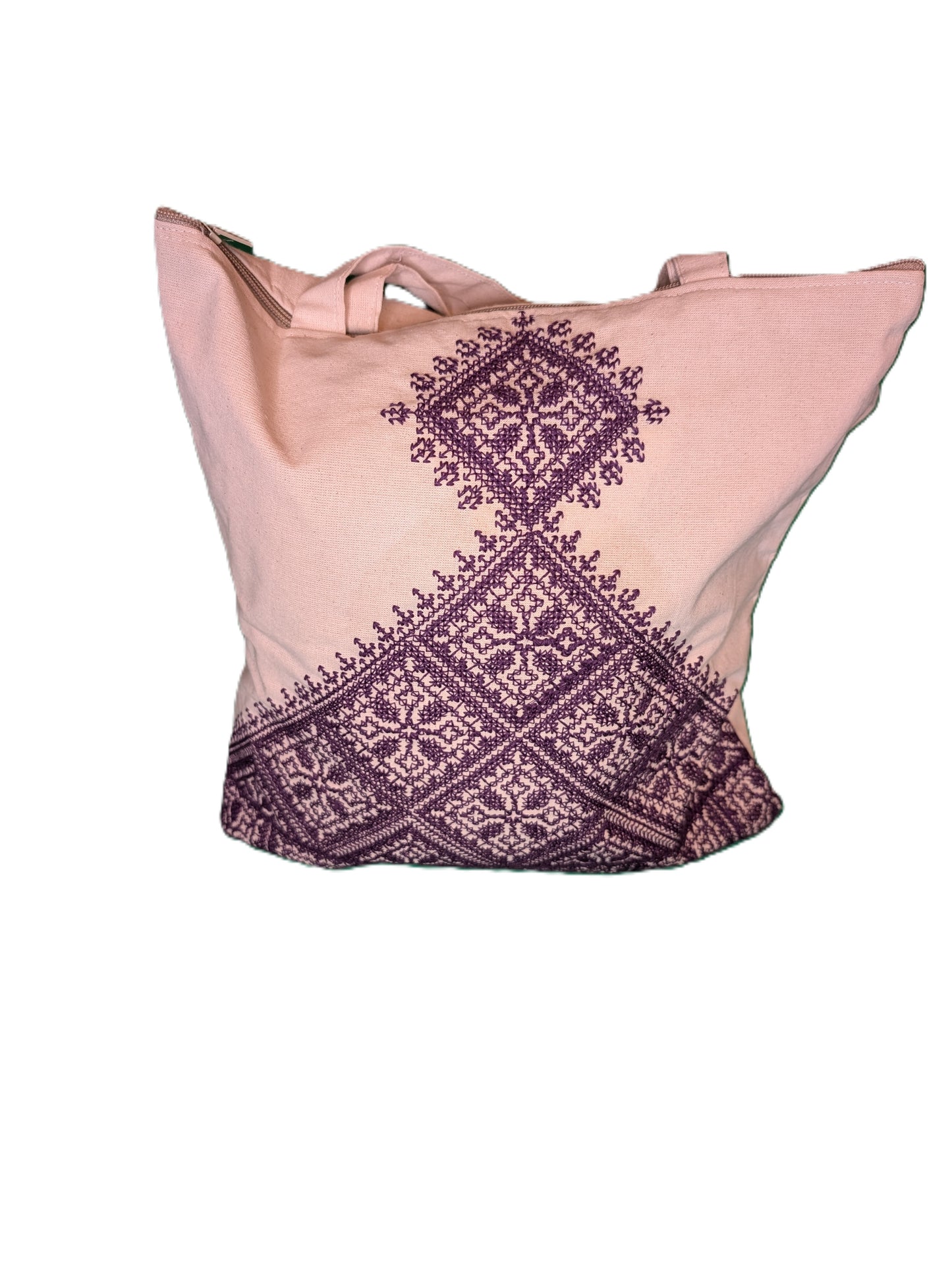 Bag Fassi Purple embroidery pyramid shape Beige background / Sac Fassi Broderie mauve forme pyramide Fond beige