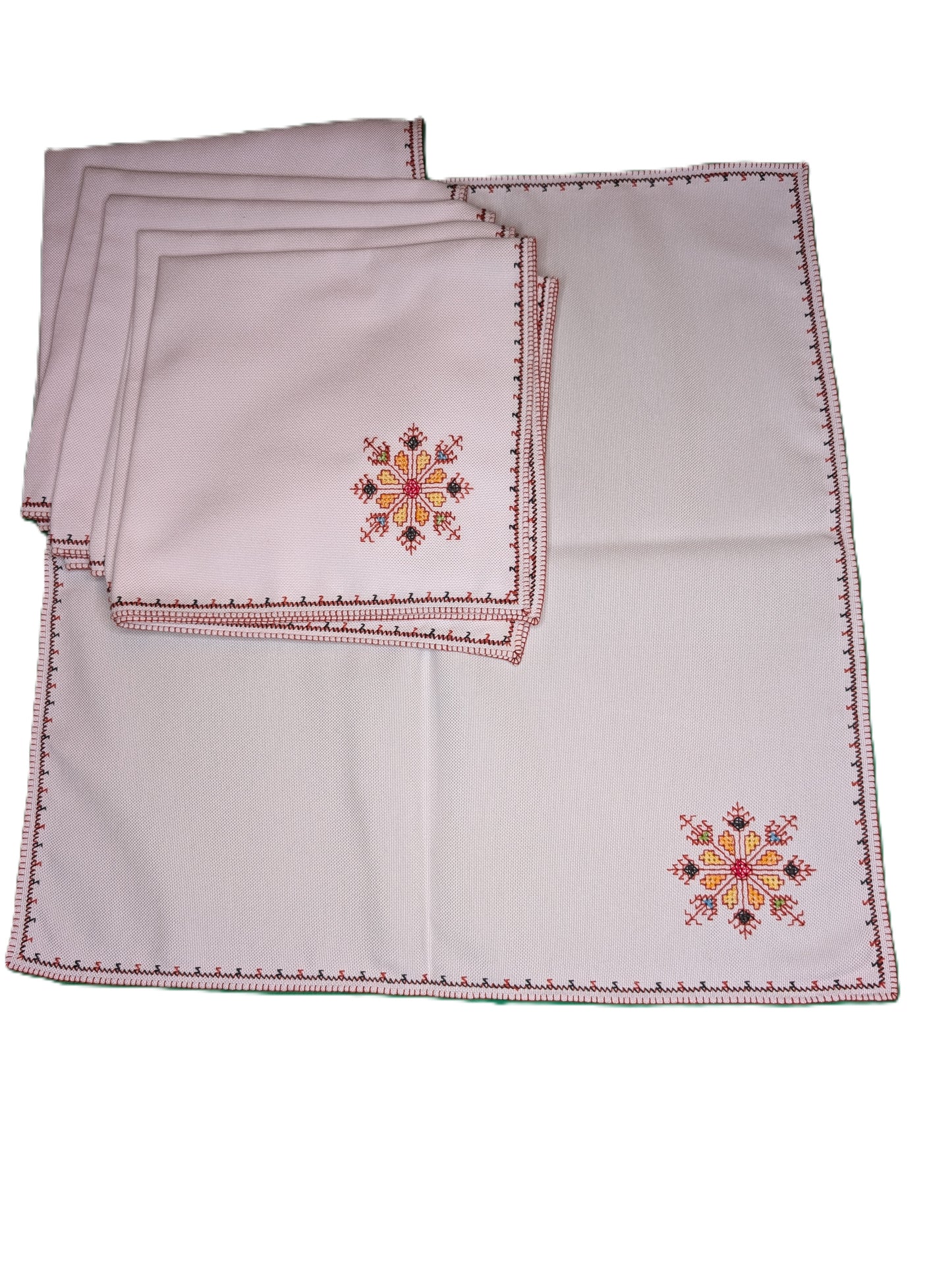 Napkins 6-pack Fassi Red-Orange-Brown embroidery on White background / Serviettes lot de 6, broderie Fassi Rouge-Orange-Brun sur fond Blanc
