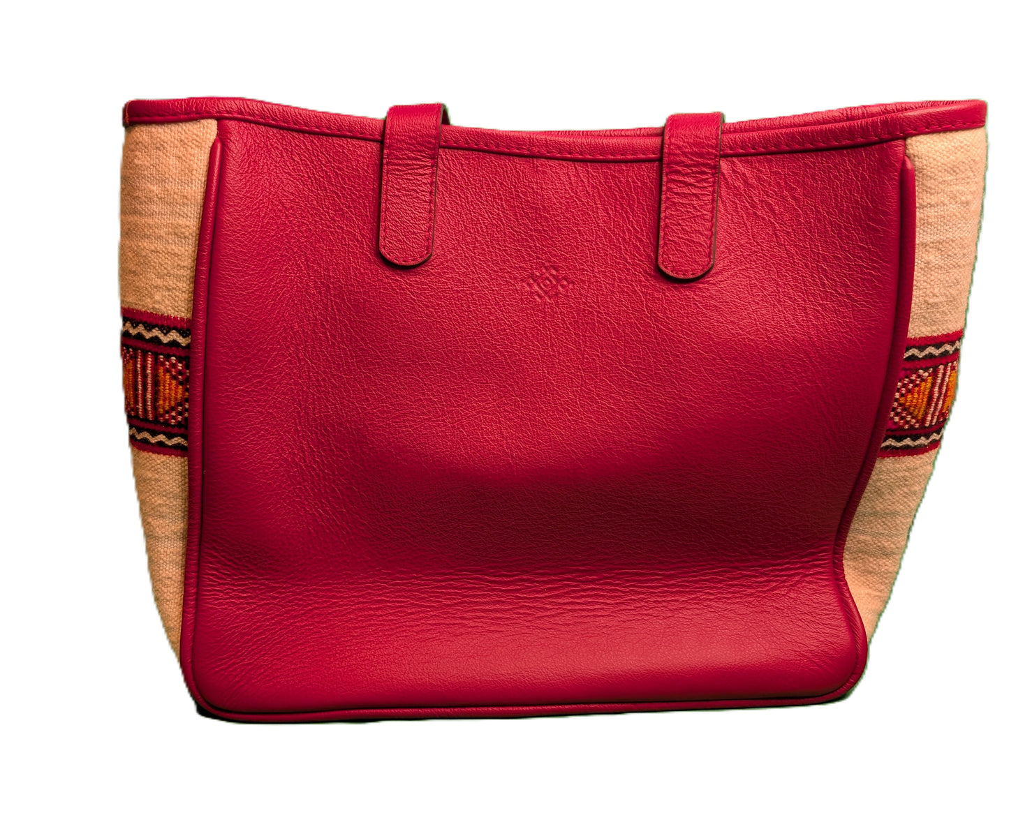 Leather Tote with embroidery - rouge / Sac fourre-tout en cuir avec tissage de tapis - red