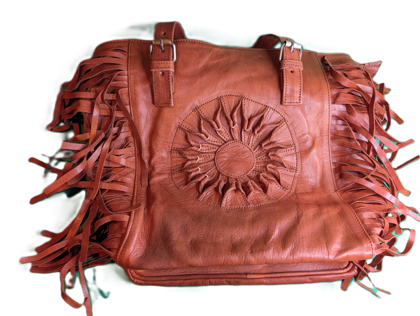 Fringed Leather Bag with embossed Sun shape / Sac à main a en cuir à franges, avec soleil en relief