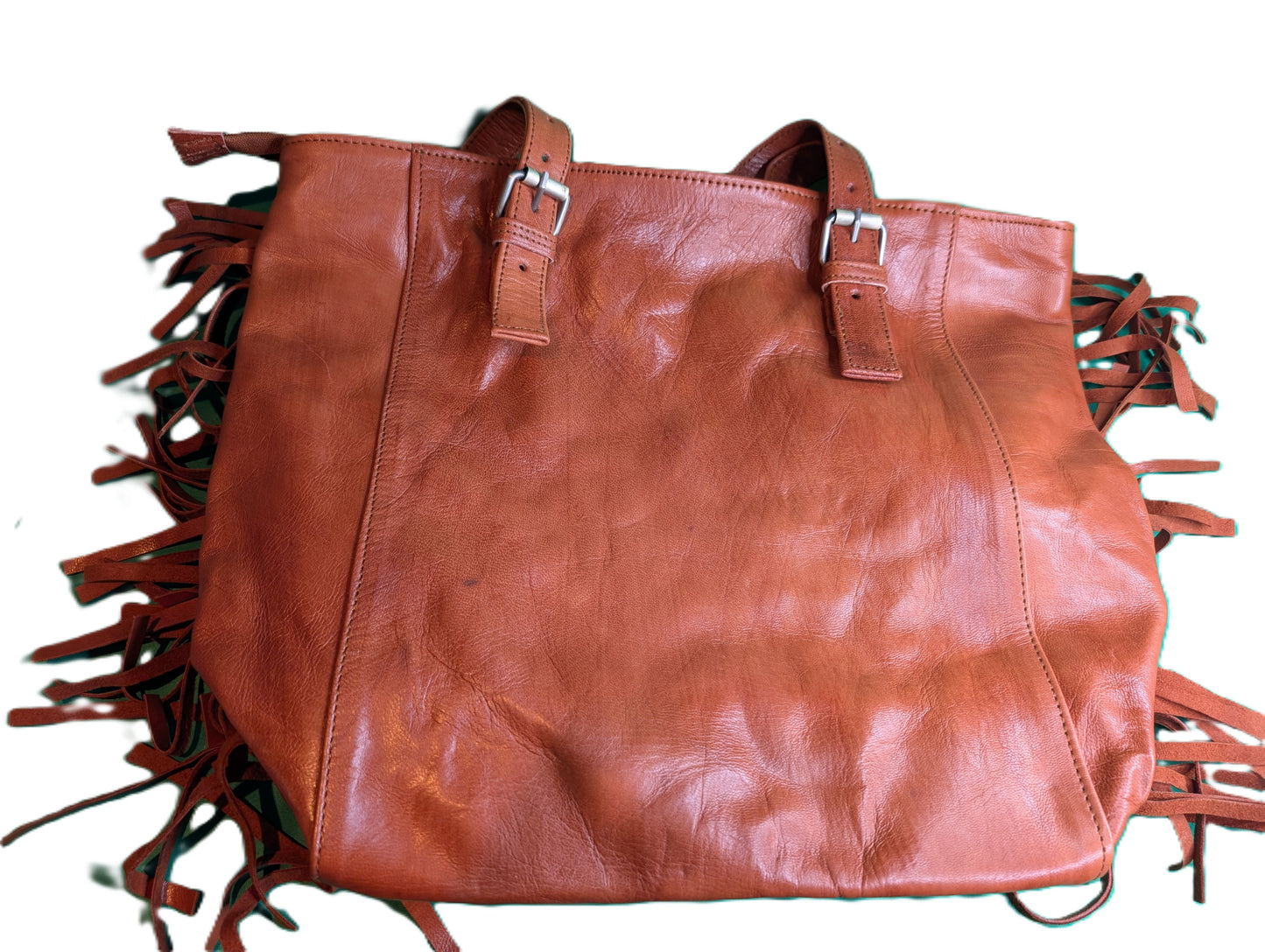 Fringed Leather Bag with embossed Sun shape / Sac à main a en cuir à franges, avec soleil en relief