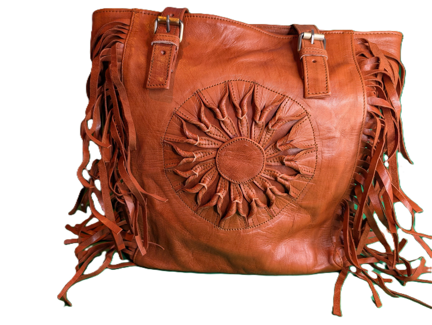 Fringed Leather Bag with embossed Sun shape / Sac à main a en cuir à franges, avec soleil en relief