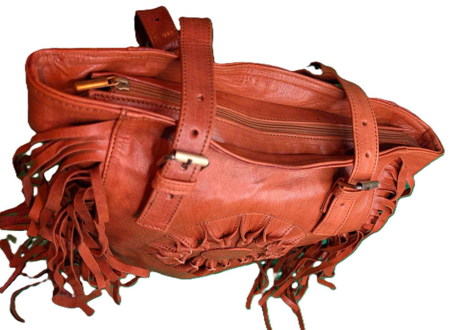 Fringed Leather Bag with embossed Sun shape / Sac à main a en cuir à franges, avec soleil en relief