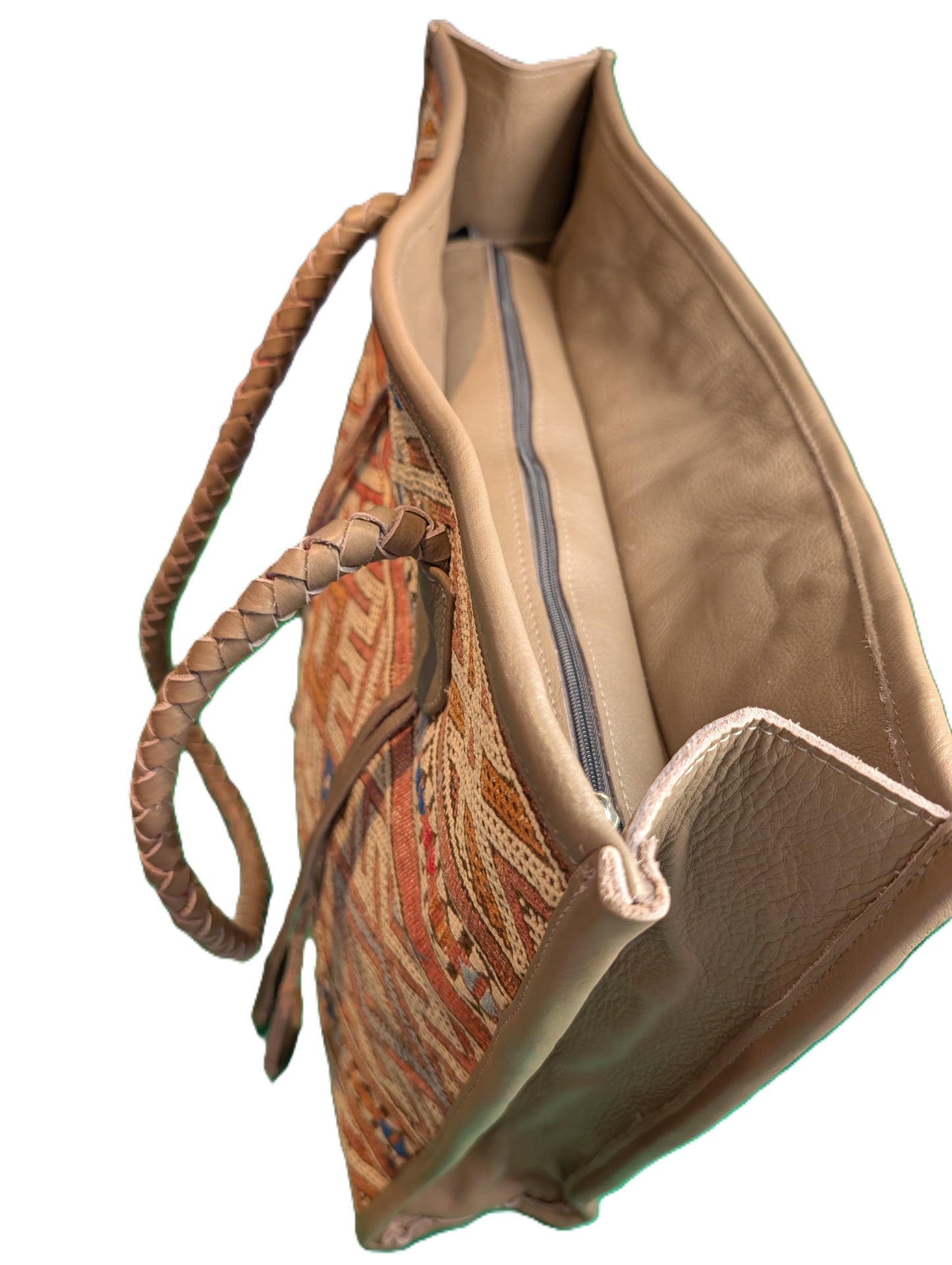 Embroidery Tote with leather - khaku / Cabas en tissage de tapis avec cuir - kaki