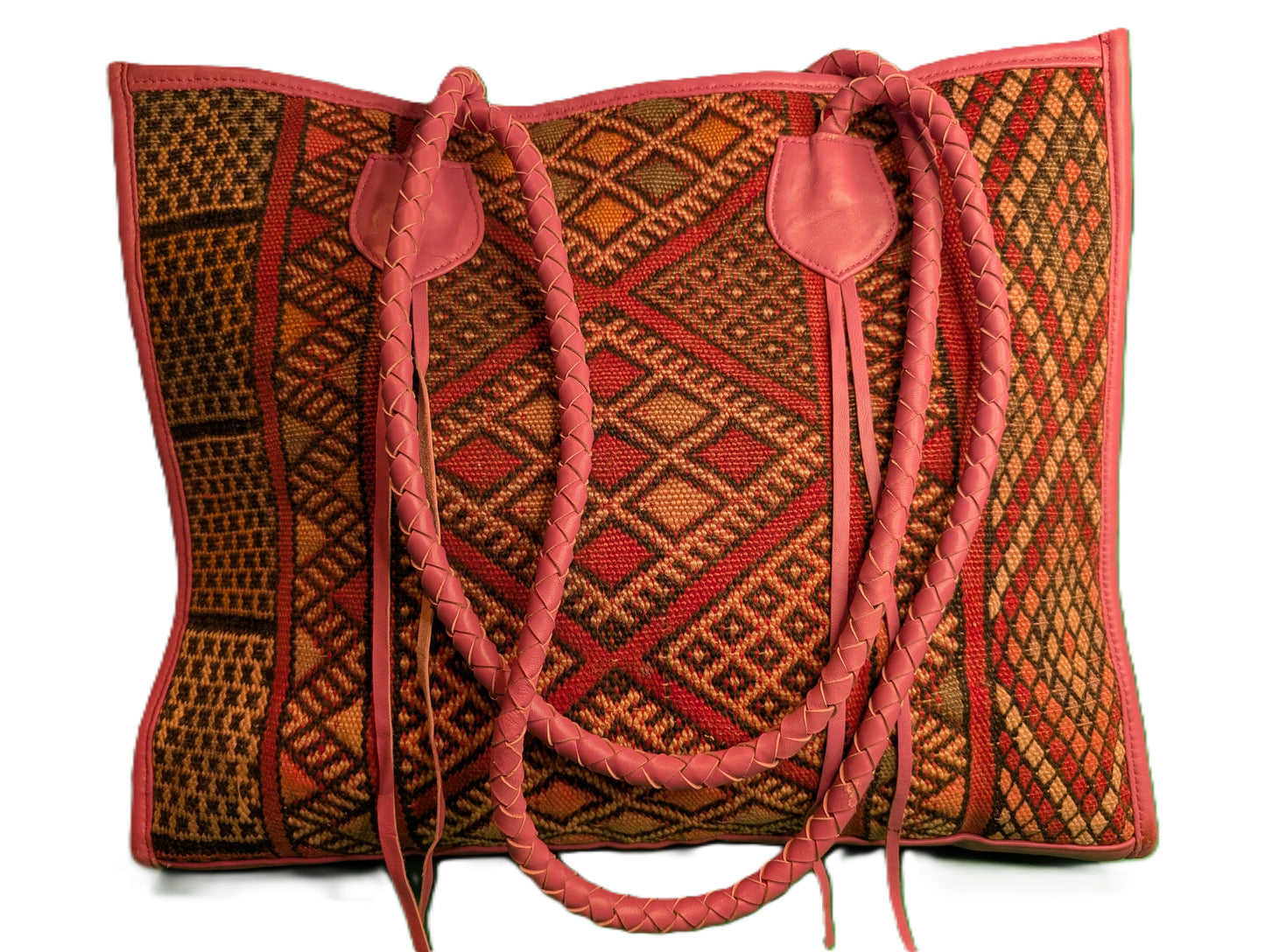 Embroidery Tote with leather - pink / Cabas en tissage de tapis avec cuir - rose