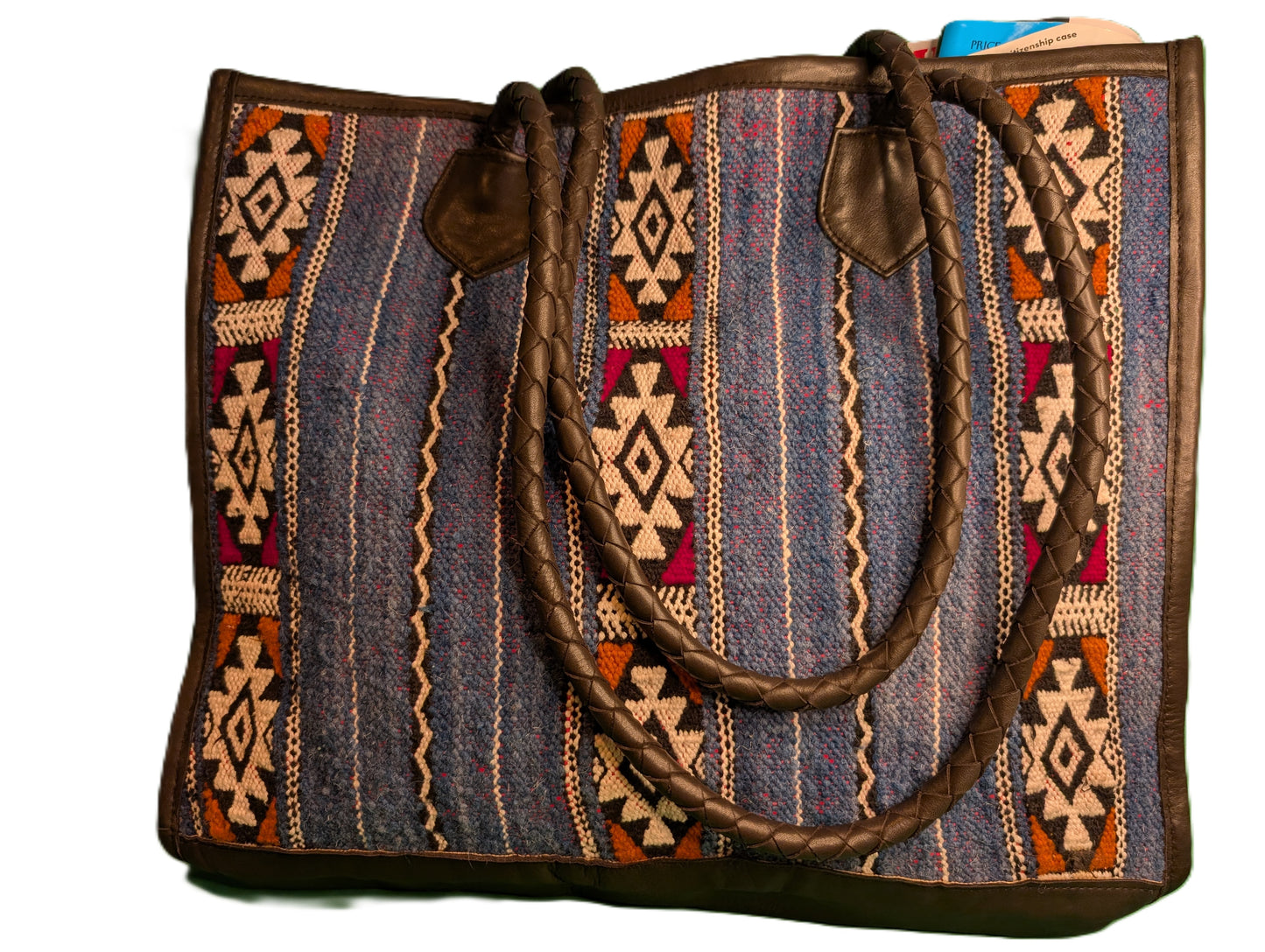 Embroidery Tote with leather - blue / Cabas en tissage de tapis avec cuir - bleu
