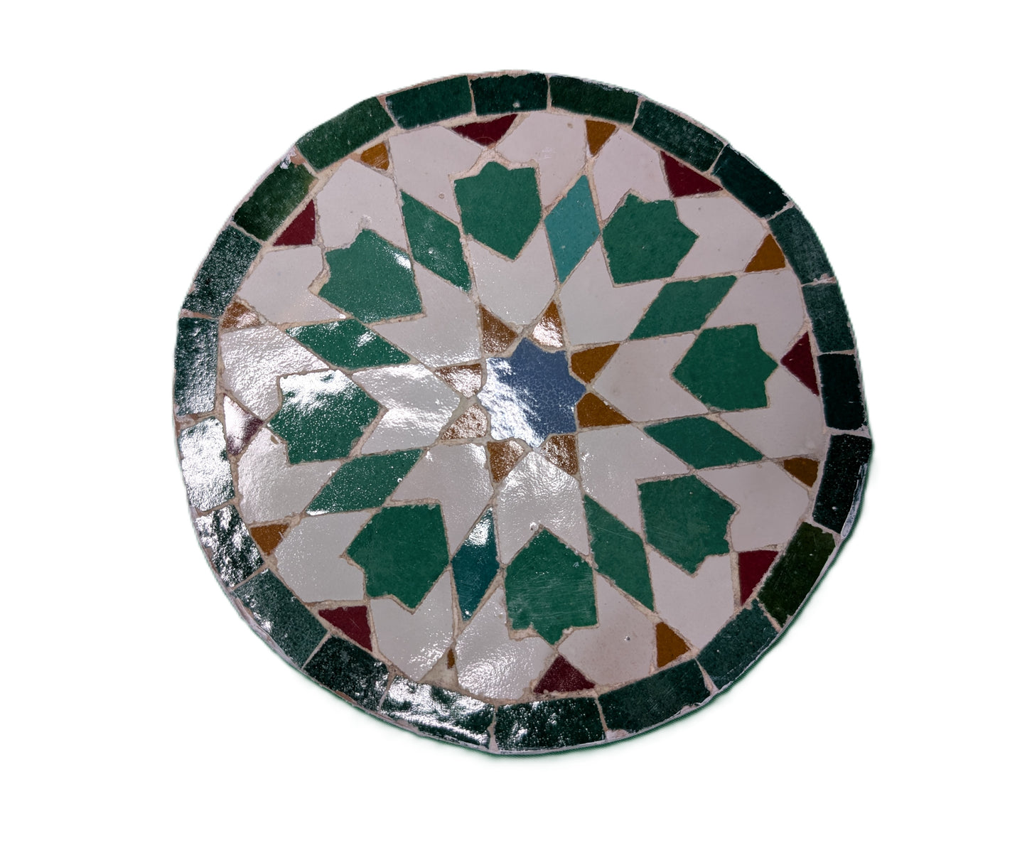 Round sample of Zellige eight-sided star Green-Turquoise-Mustard / Échantillon rond de zellige étoile huit côtés Vert-Turquoise-Moutarde