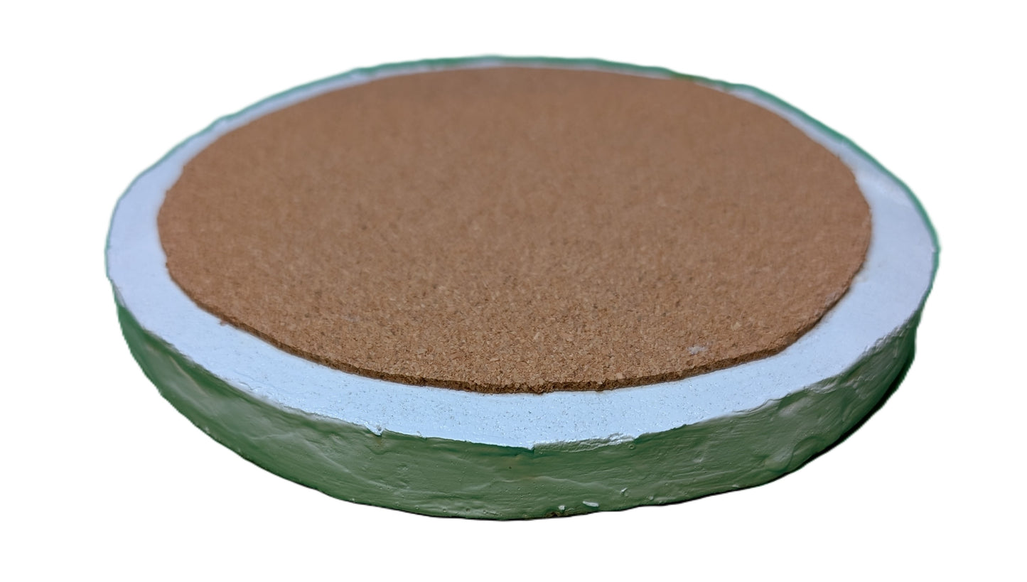 Round sample of Zellige eight-sided star Green-Turquoise-Mustard / Échantillon rond de zellige étoile huit côtés Vert-Turquoise-Moutarde