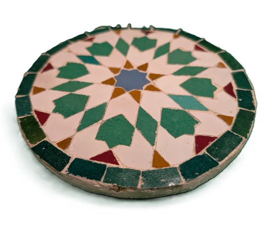 Round sample of Zellige eight-sided star Green-Turquoise-Mustard / Échantillon rond de zellige étoile huit côtés Vert-Turquoise-Moutarde