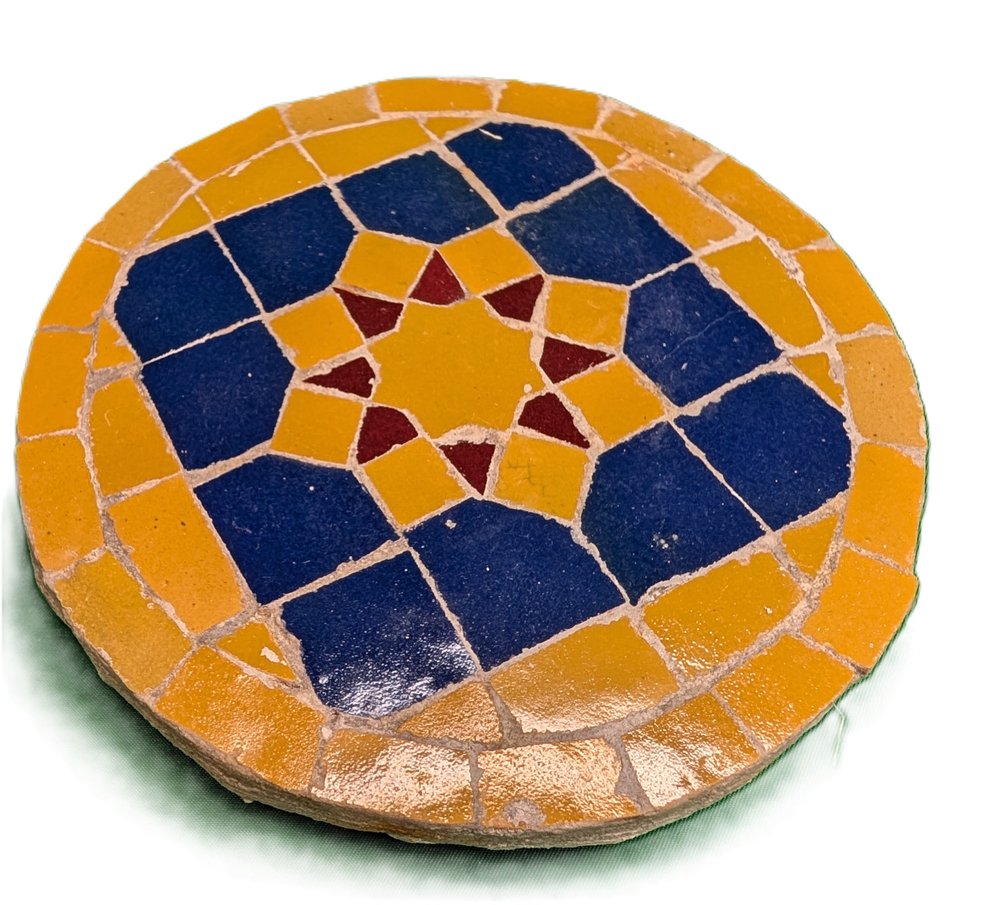 Zellige  round sample octagonal Red-Mustard blue Mustard background / Échantillon rond zellige octagonal rouge-moutarde bleu fond Moutarde