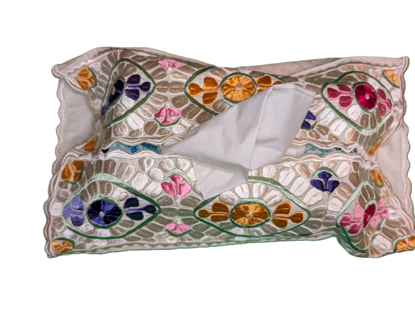 Tissue Cover Rbati embroidery eye pattern Blue-Yellow-Pink on White background / Housse de boîte à serviettes oeil Rbati bleu-jaune-rose