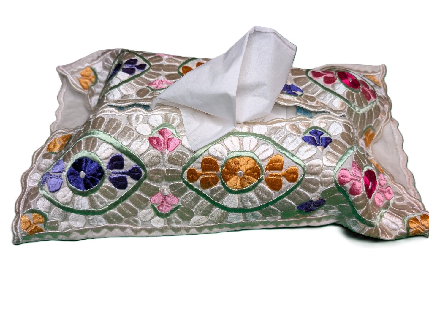 Tissue Cover Rbati embroidery eye pattern Blue-Yellow-Pink on White background / Housse de boîte à serviettes oeil Rbati bleu-jaune-rose