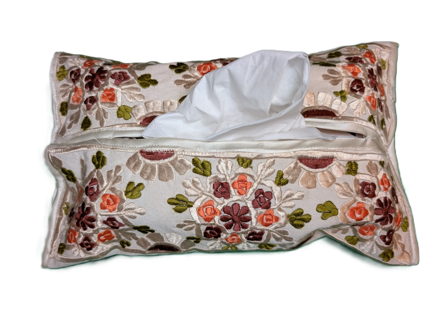 Tissue Cover Rbati embroidery flower pattern Brown-Orange-Green / Housse de boîte à serviettes fleur Rbati Brun-Orange-Vert