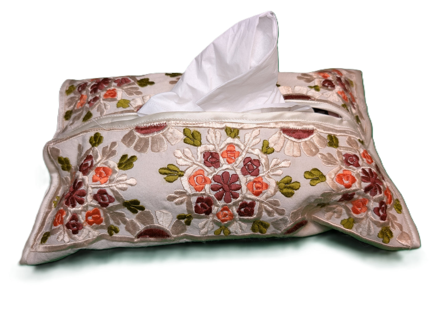Tissue Cover Rbati embroidery flower pattern Brown-Orange-Green / Housse de boîte à serviettes fleur Rbati Brun-Orange-Vert