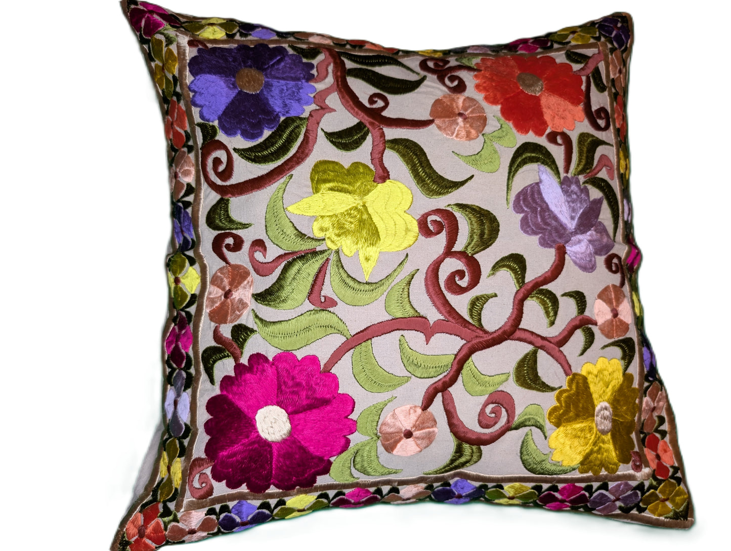 Pillow Case Rbati embroidery Multi-clor flower pattern beige background / Taie d'oreiller broderie Rbati fleur multi-couleurs sur fond Beige