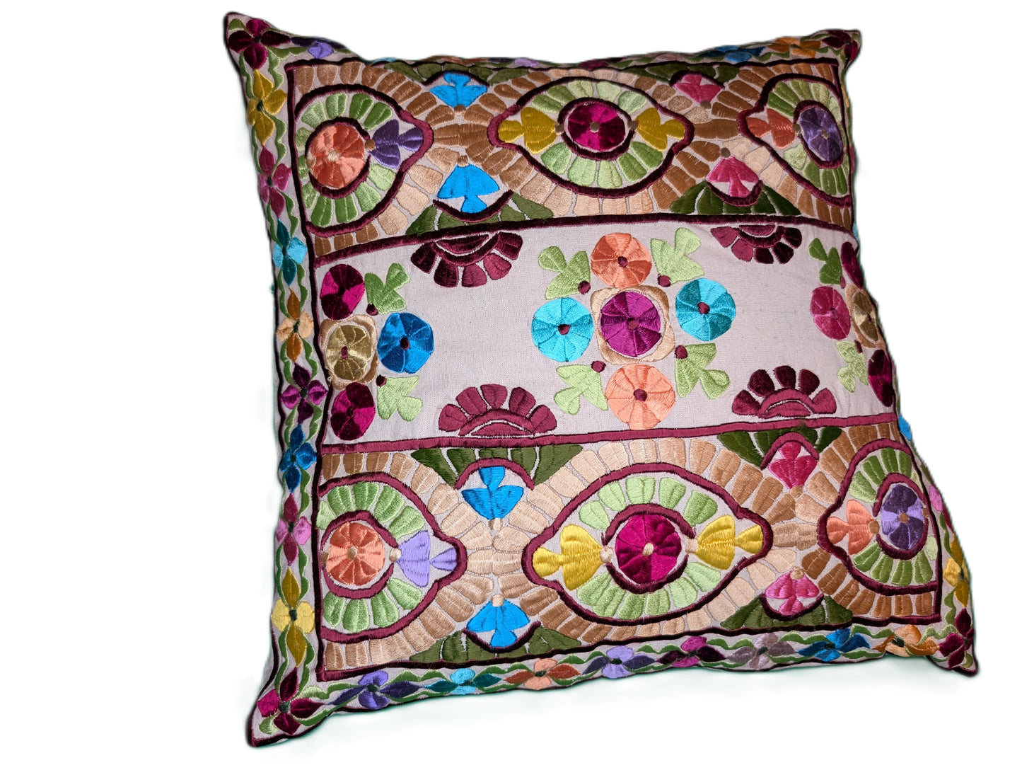 Pillow Case Rbati embroidery Multi-clor eye pattern beige background / Taie d'oreiller broderie Rbati oeil multi-couleurs sur fond Beige