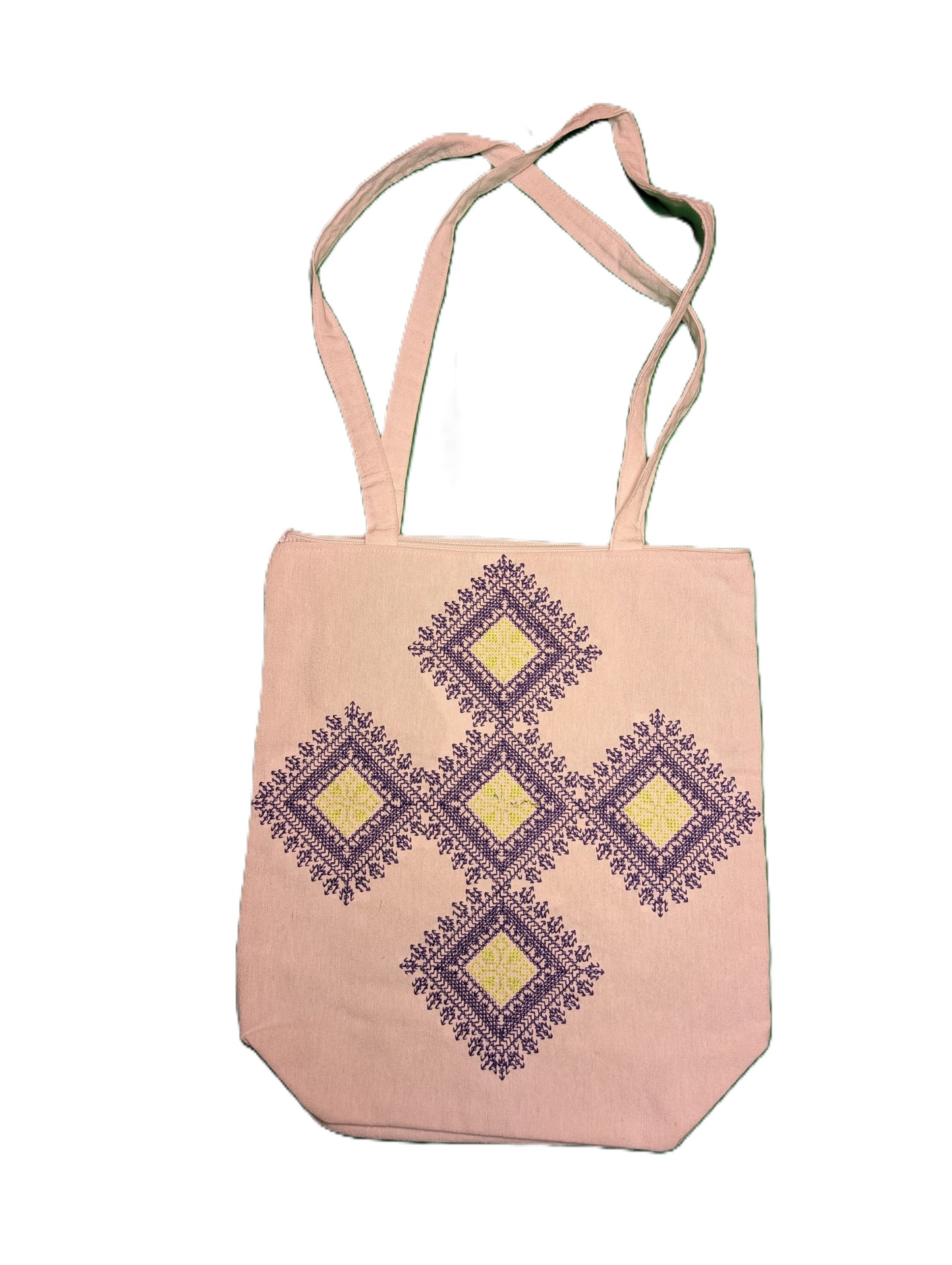 Bag Fassi Purple-Green embroidery diamonds shape Beige background / Sac Fassi Broderie mauve-vert forme diamant Fond beige