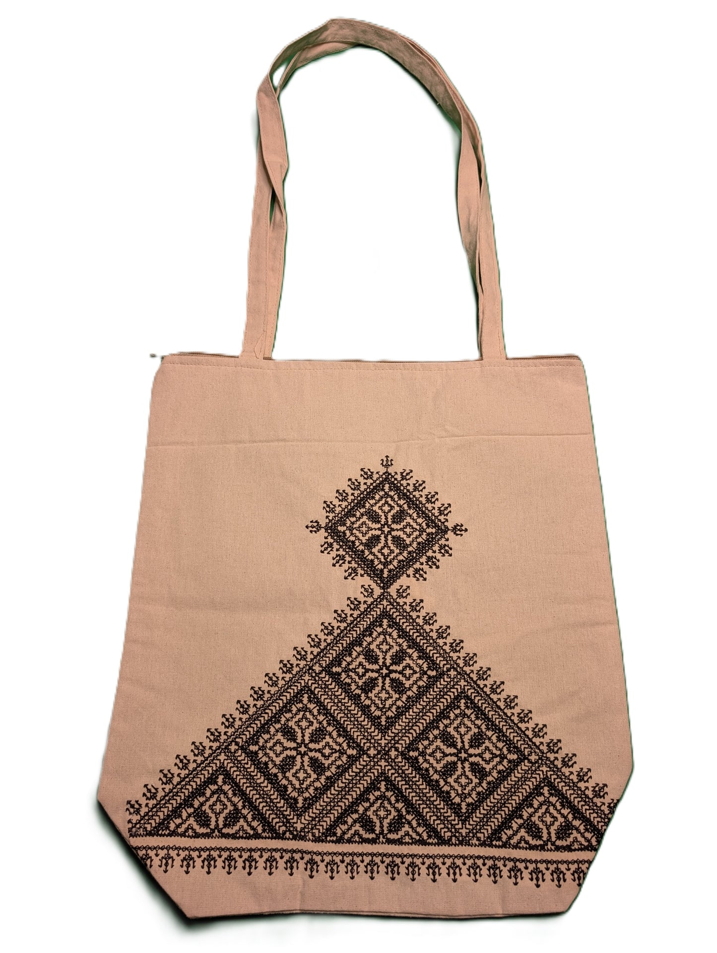 Bag Fassi Black embroidery pyramid shape Beige background / Sac Fassi Broderie noire forme pyramide Fond beige