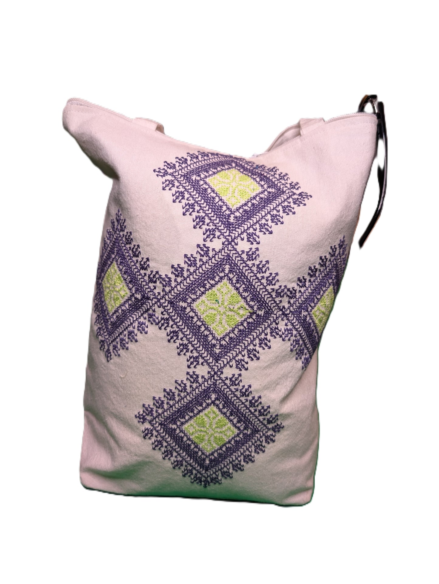 Bag Fassi Purple-Green embroidery diamonds shape Beige background / Sac Fassi Broderie mauve-vert forme diamant Fond beige