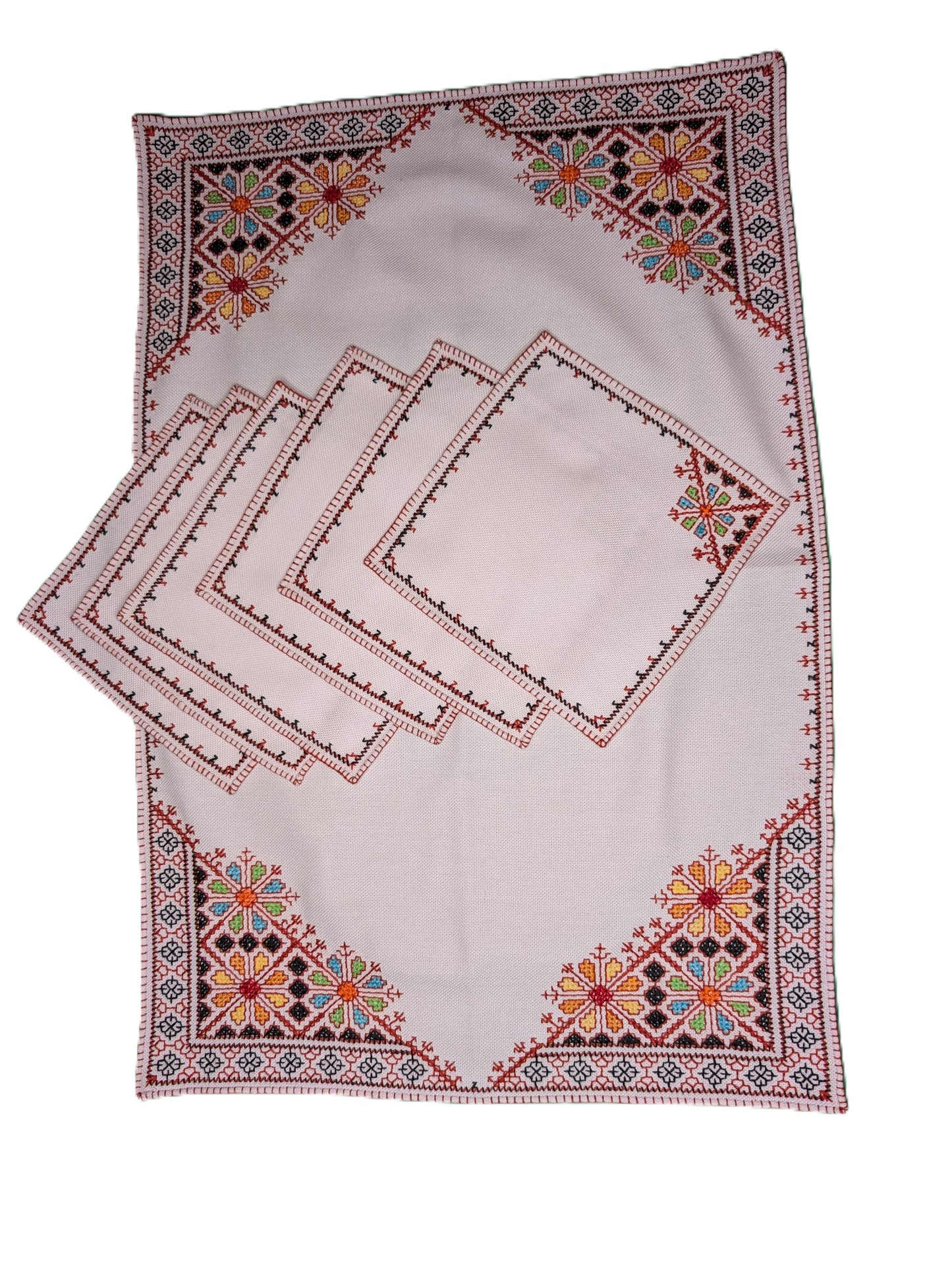 Table Cloth with 6 napkins Fassi Multi-color embroidery on White background / Nappe avec 6 serviettes Broderie Fassi couleurs sur fond Blanc