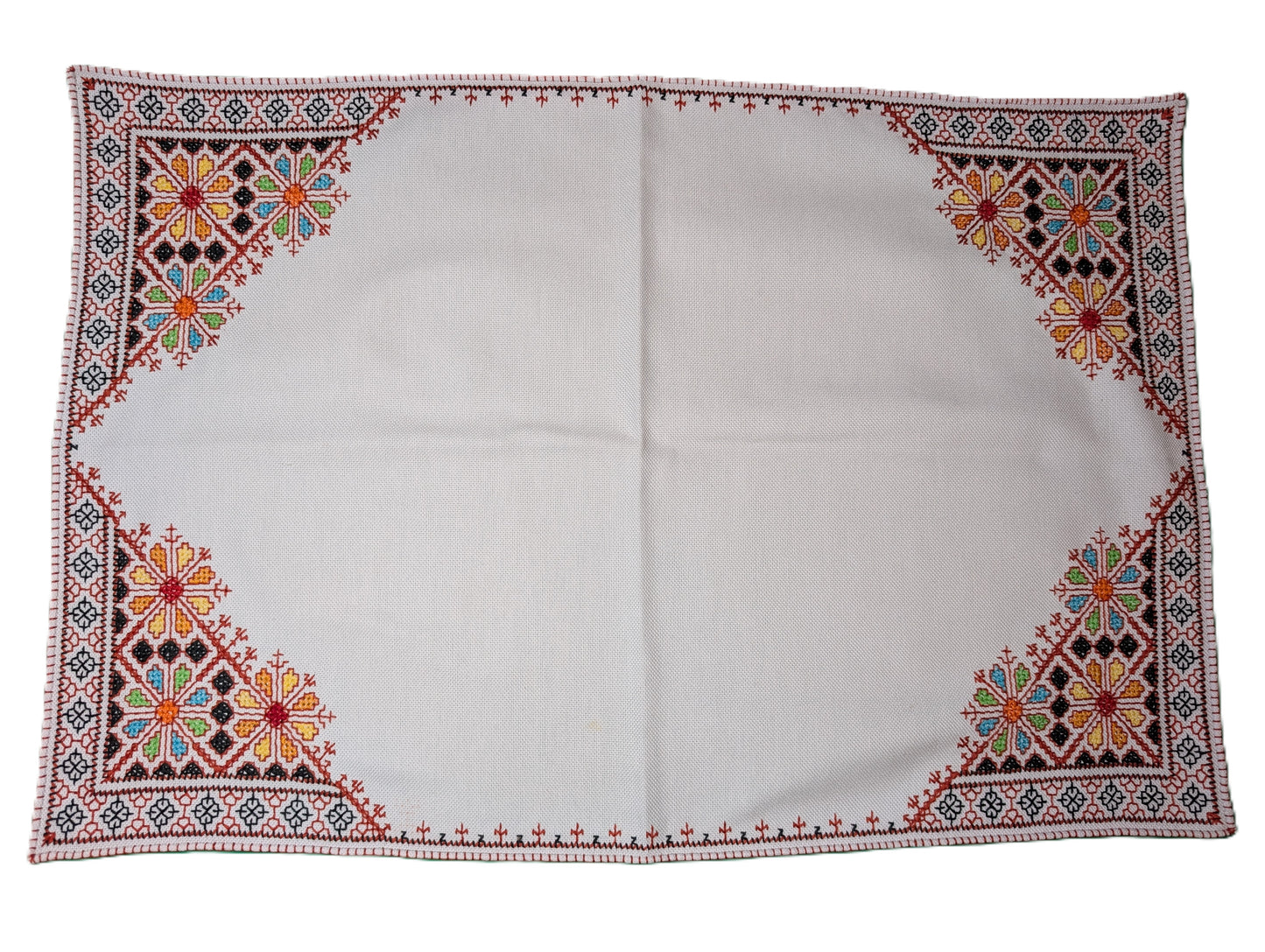 Table Cloth with 6 napkins Fassi Multi-color embroidery on White background / Nappe avec 6 serviettes Broderie Fassi couleurs sur fond Blanc