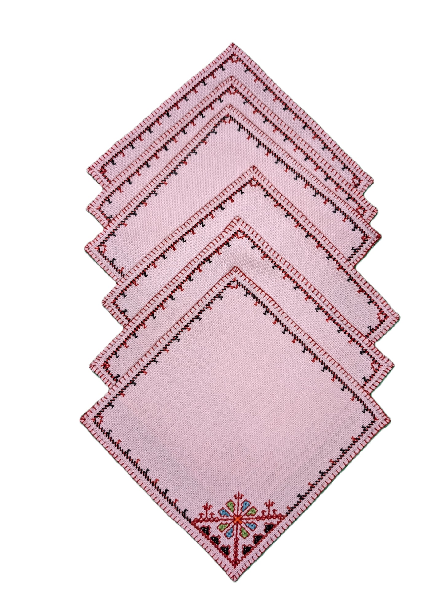 Table Cloth with 6 napkins Fassi Multi-color embroidery on White background / Nappe avec 6 serviettes Broderie Fassi couleurs sur fond Blanc