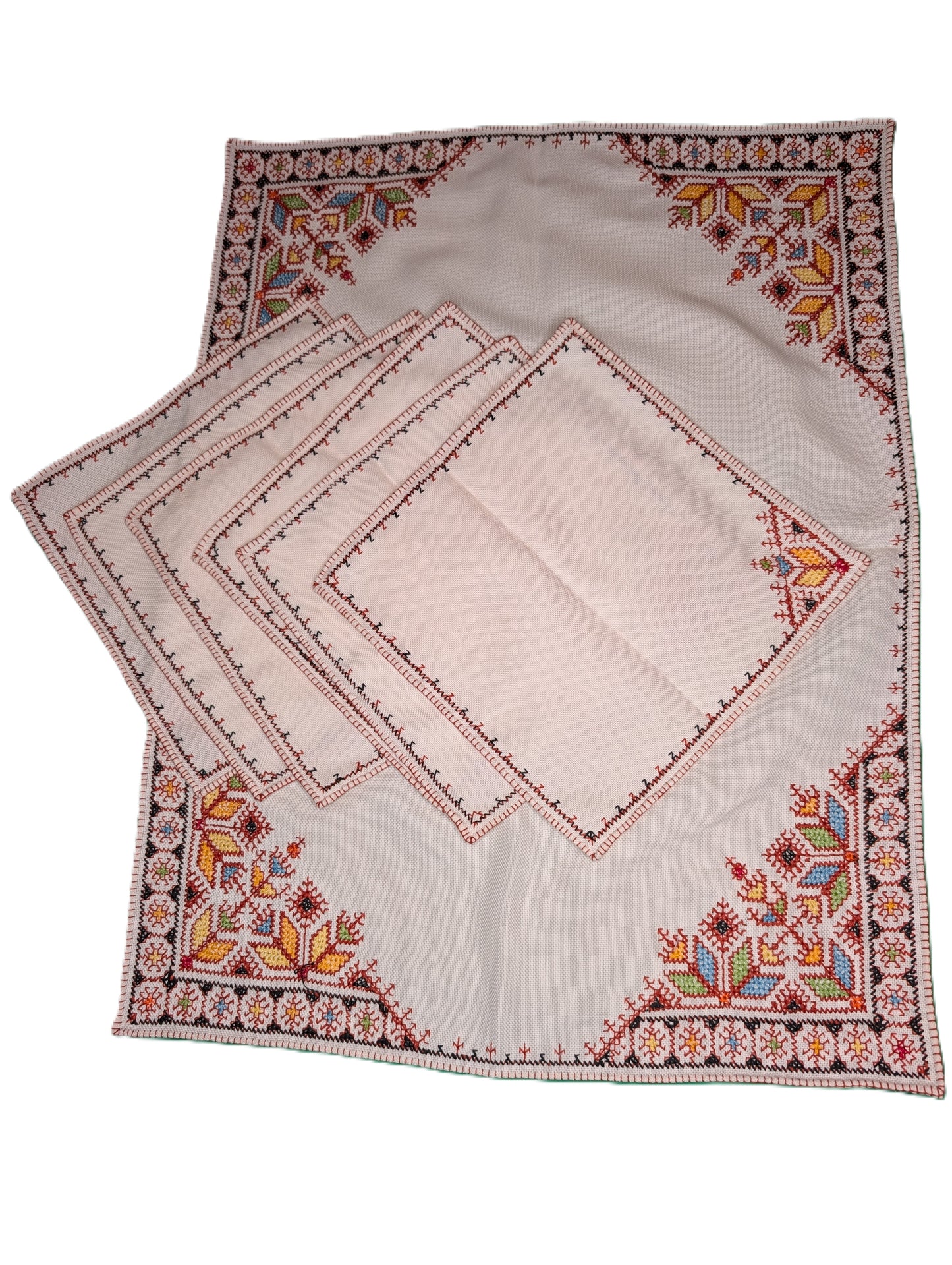 Table Cloth with 6 napkins Fassi Multi-color embroidery on Beige background / Nappe avec 6 serviettes Broderie Fassi couleurs sur fond Beige