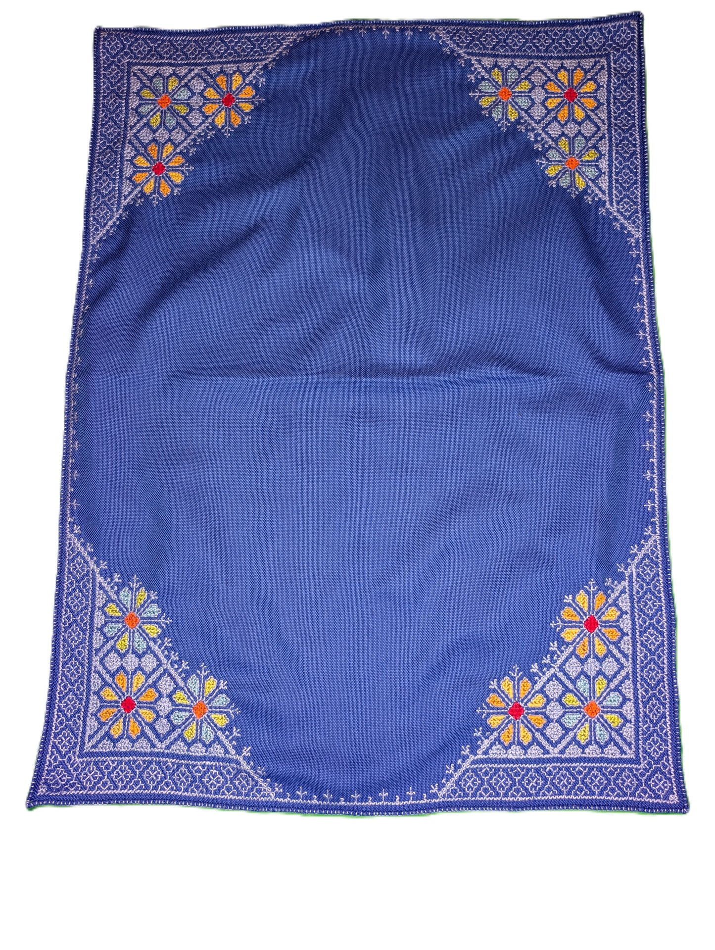 Table Cloth with 6 napkins Fassi Multi-color embroidery on Blue background / Nappe avec 6 serviettes Broderie Fassi couleurs sur fond Bleu