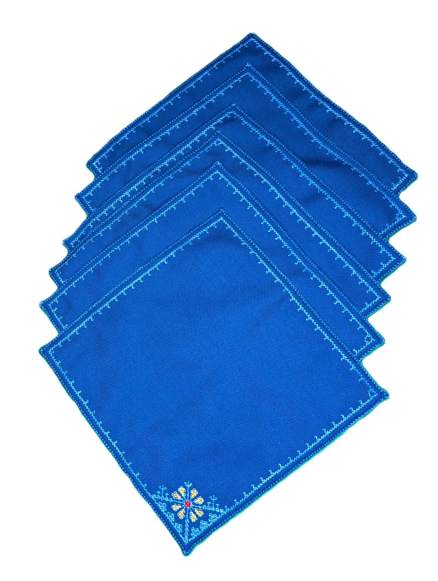 Table Cloth with 6 napkins Fassi Multi-color embroidery on Blue background / Nappe avec 6 serviettes Broderie Fassi couleurs sur fond Bleu