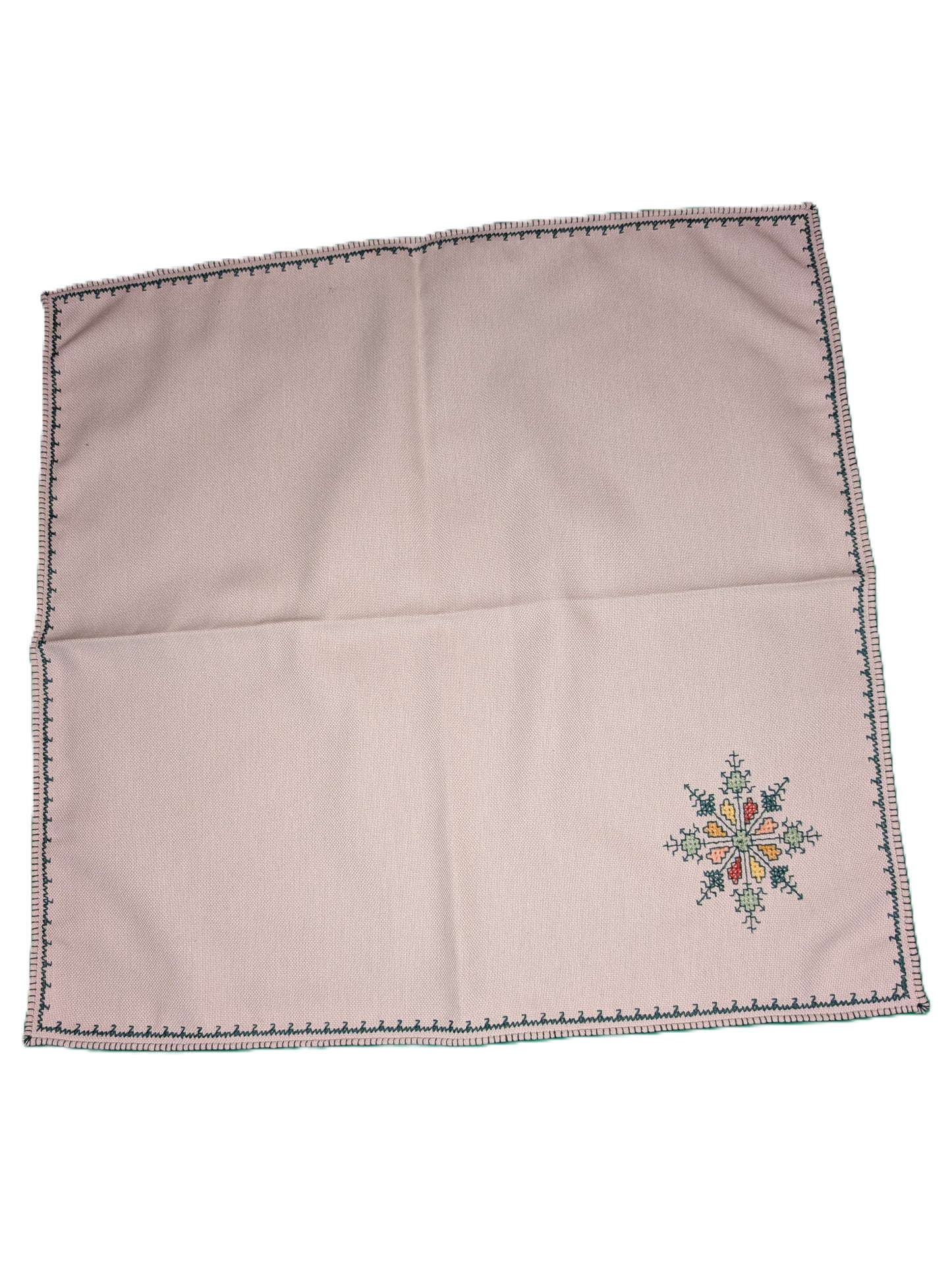 Napkins 6-pack Fassi Green-Orange-Yellow embroidery on Beige background / Serviettes lot de 6, broderie Fassi Vert-Orange-Jaune fond Beige