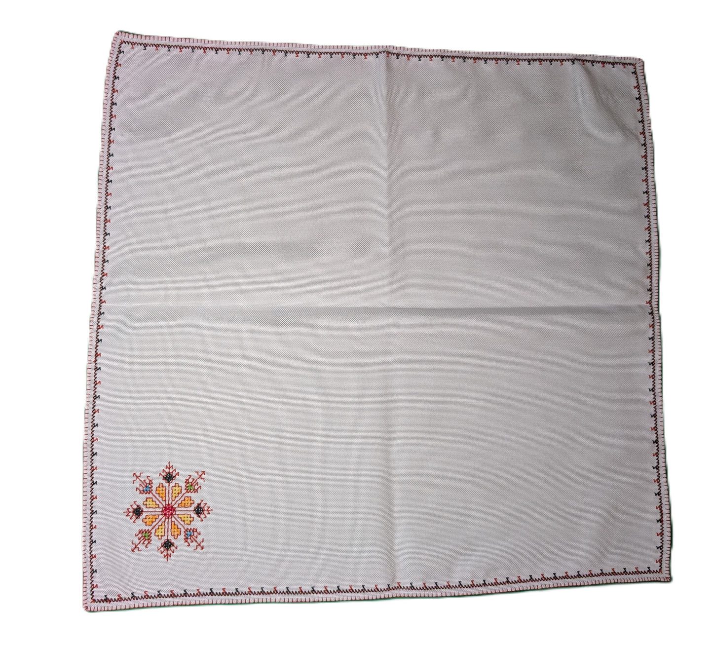 Napkins 6-pack Fassi Red-Orange-Brown embroidery on White background / Serviettes lot de 6, broderie Fassi Rouge-Orange-Brun sur fond Blanc