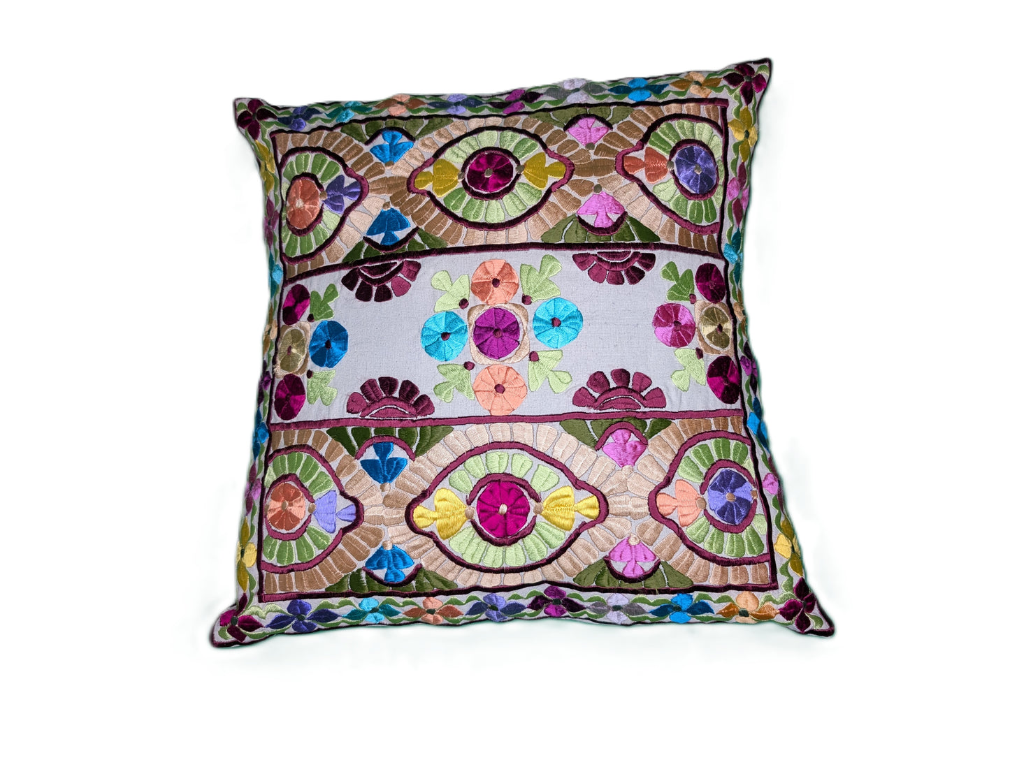 Pillow Case Rbati embroidery Multi-clor eye pattern beige background / Taie d'oreiller broderie Rbati oeil multi-couleurs sur fond Beige