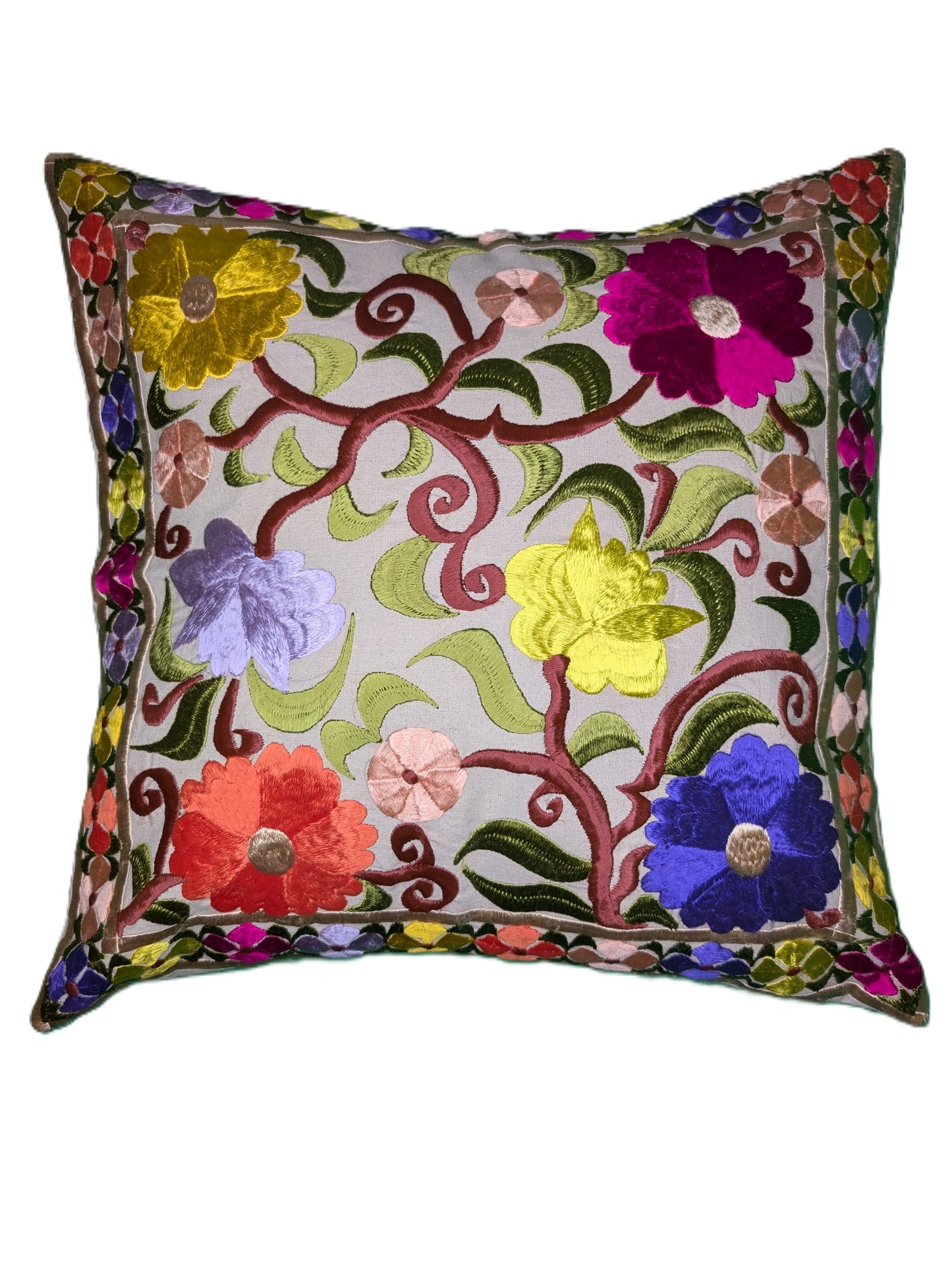 Pillow Case Rbati embroidery Multi-clor flower pattern beige background / Taie d'oreiller broderie Rbati fleur multi-couleurs sur fond Beige