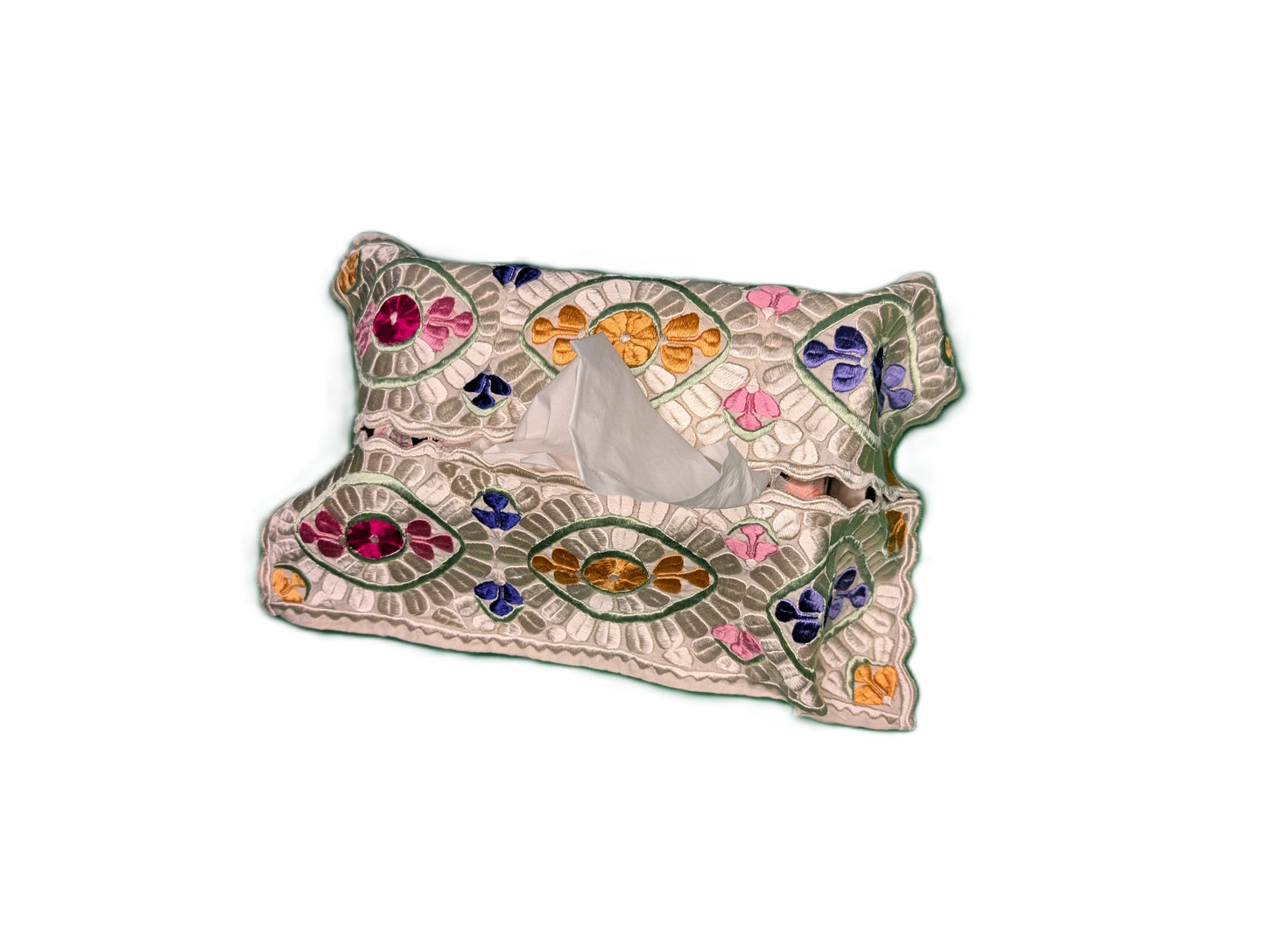 Tissue Cover Rbati embroidery eye pattern Blue-Yellow-Pink on White background / Housse de boîte à serviettes oeil Rbati bleu-jaune-rose