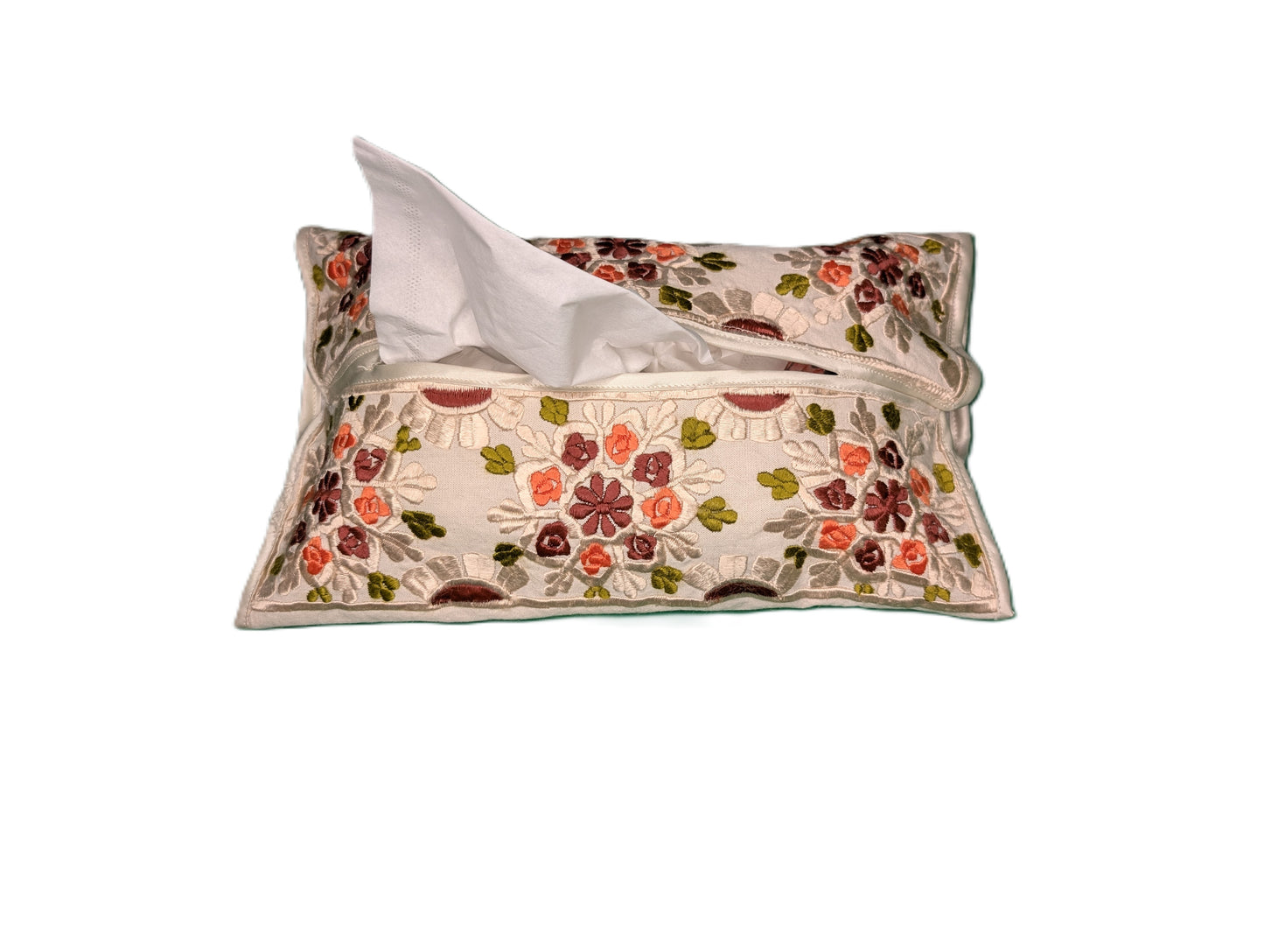 Tissue Cover Rbati embroidery flower pattern Brown-Orange-Green / Housse de boîte à serviettes fleur Rbati Brun-Orange-Vert