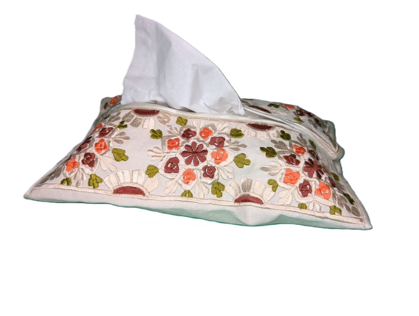 Tissue Cover Rbati embroidery flower pattern Brown-Orange-Green / Housse de boîte à serviettes fleur Rbati Brun-Orange-Vert