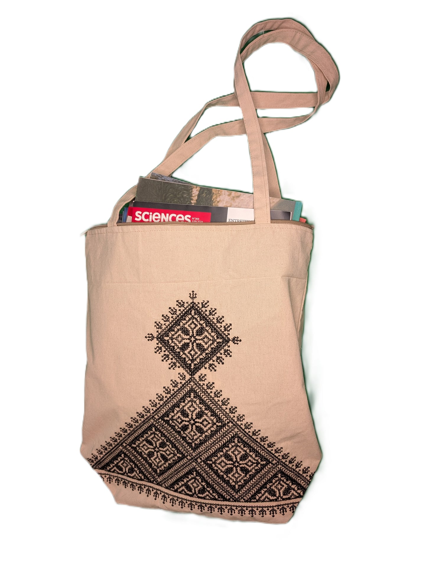 Bag Fassi Black embroidery pyramid shape Beige background / Sac Fassi Broderie noire forme pyramide Fond beige