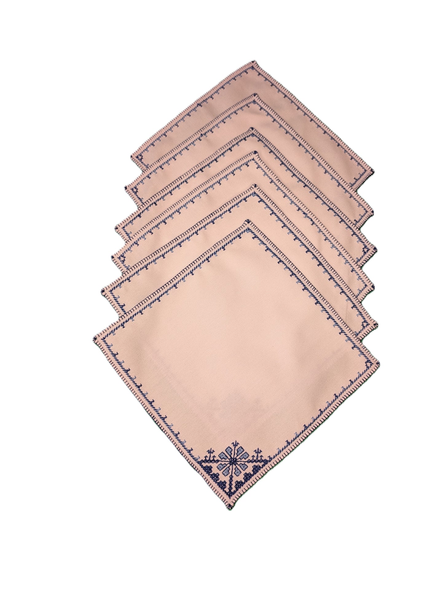 Table Cloth with 6 napkins Fassi Blue-Turquoise embroidery on White background / Nappe + 6 serviettes Broderie Fes Bleu-Turquoise sur Blanc