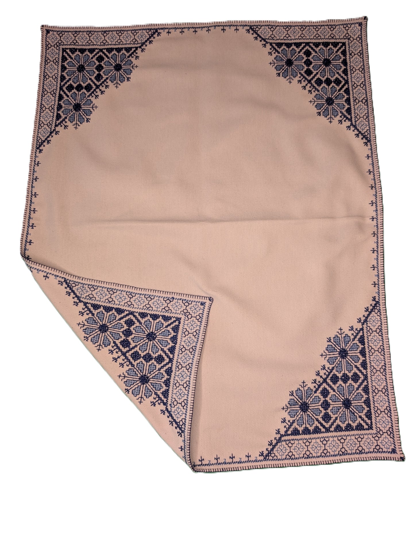 Table Cloth with 6 napkins Fassi Blue-Turquoise embroidery on White background / Nappe + 6 serviettes Broderie Fes Bleu-Turquoise sur Blanc