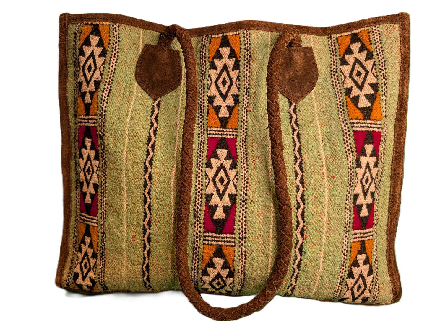 Embroidery Tote with suede - green / Cabas en tissage de tapis avec daim - vert