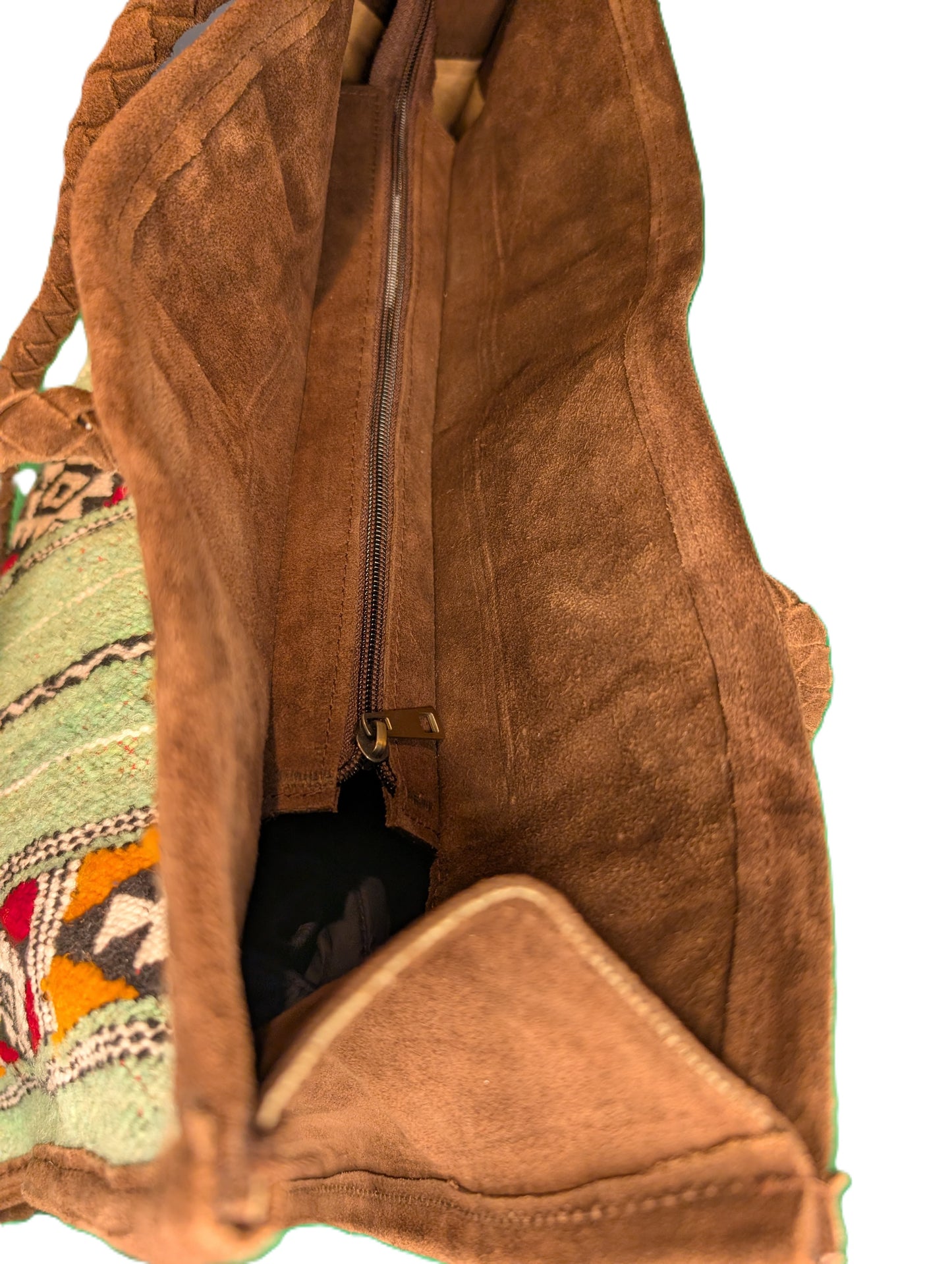 Embroidery Tote with suede - green / Cabas en tissage de tapis avec daim - vert