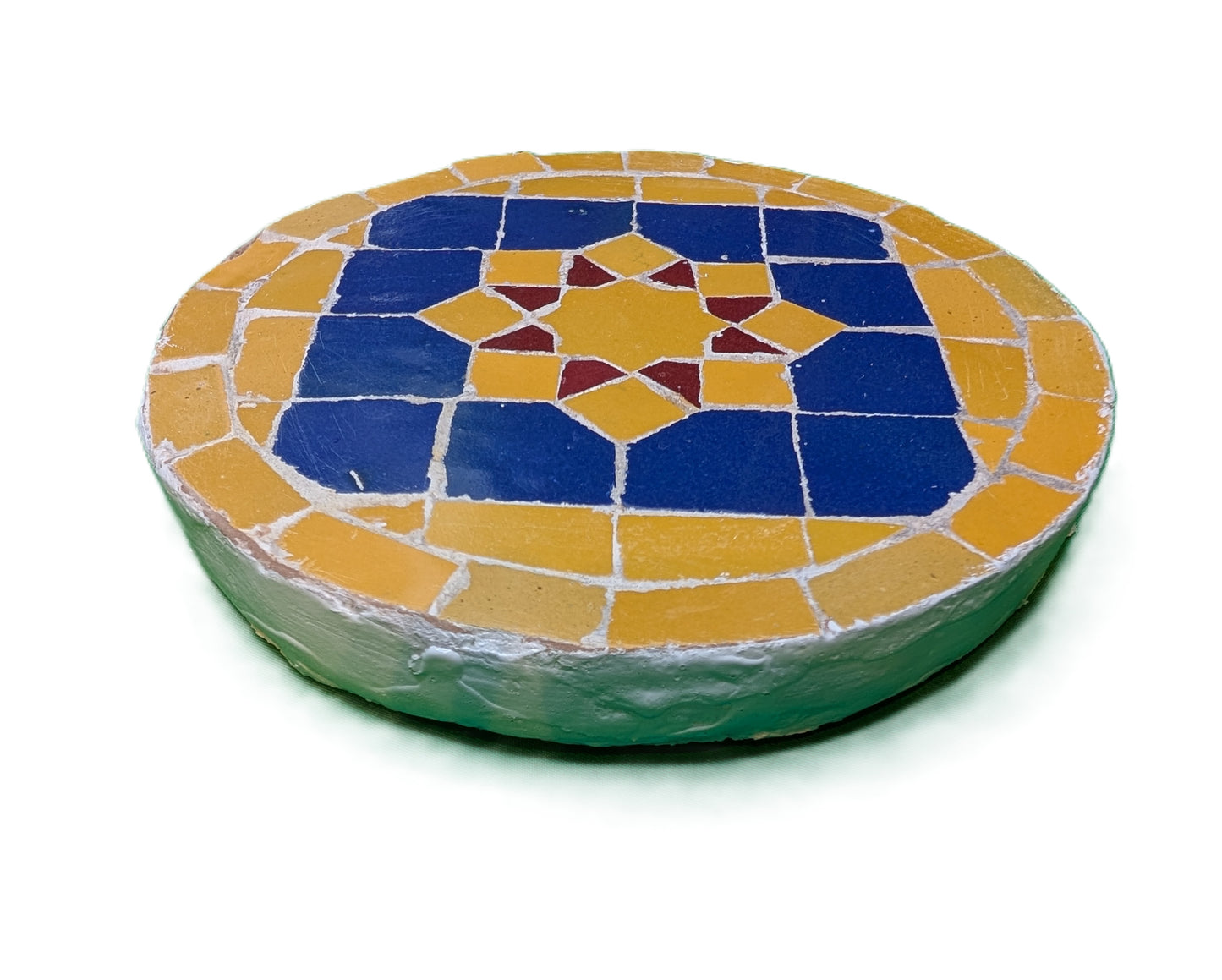 Zellige  round sample octagonal Red-Mustard blue Mustard background / Échantillon rond zellige octagonal rouge-moutarde bleu fond Moutarde