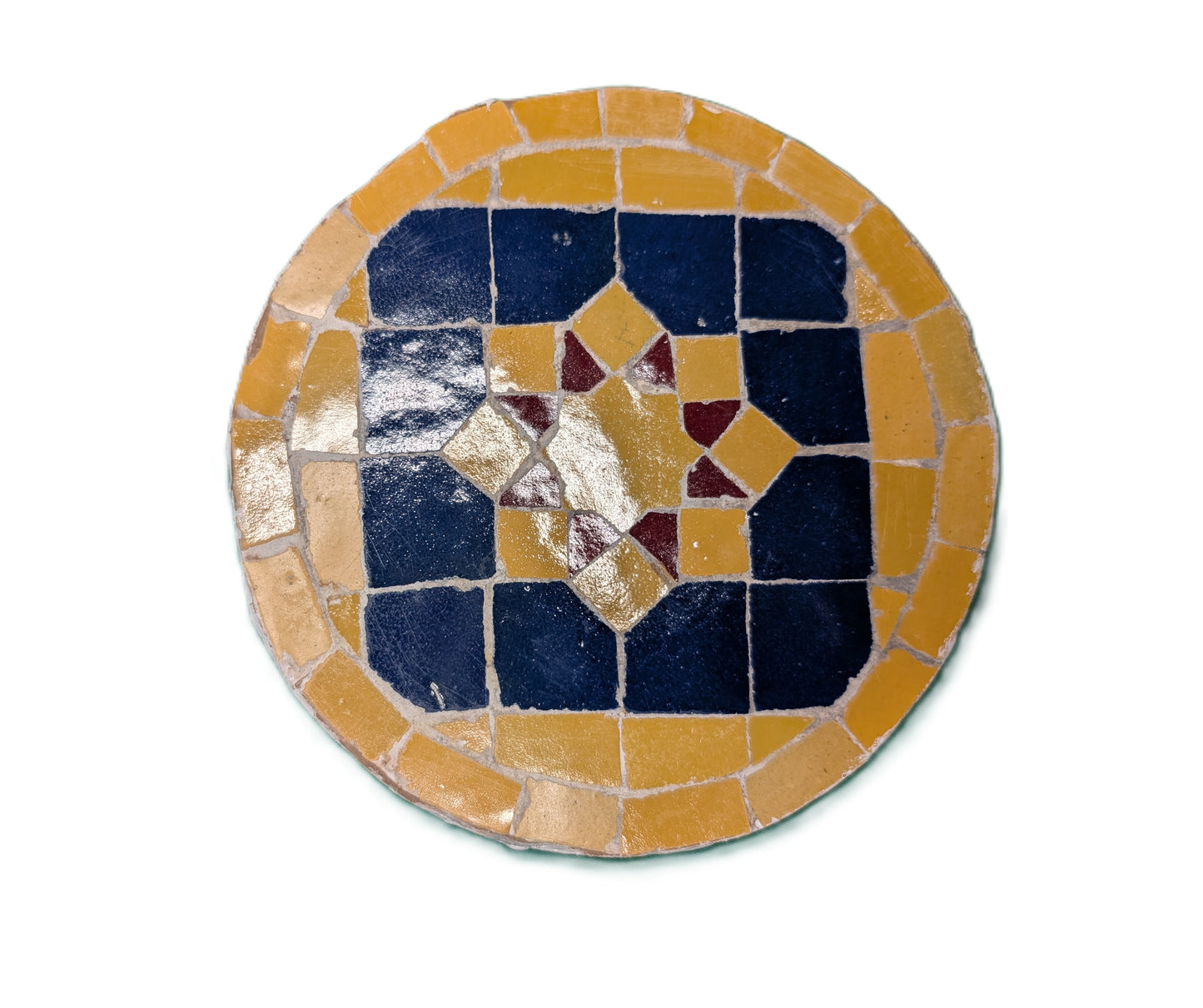 Zellige  round sample octagonal Red-Mustard blue Mustard background / Échantillon rond zellige octagonal rouge-moutarde bleu fond Moutarde